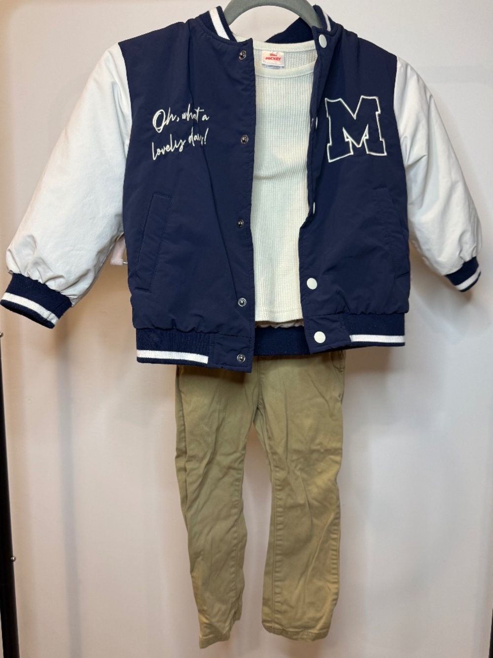 Zara Disney Mickey Mouse Varsity Jacket Set /w Waffle Knit Top & Pants - Boys